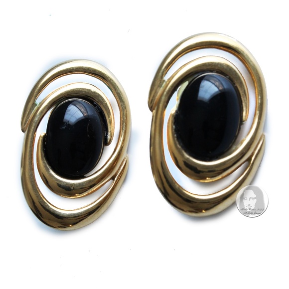 Vintage Napier Earrings Gold Metal Black Abstract Swirl Onyx Black Stones 80s - Picture 2 of 5